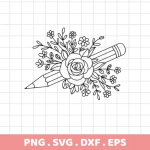 A black and white line art design featuring a pencil adorned with a floral arrangement, available as a digital download bundle in SVG and PNG formats.