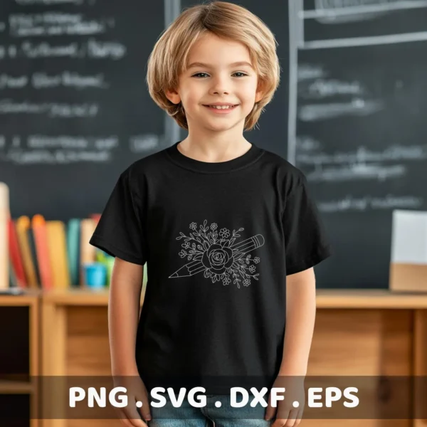 A child models a black t-shirt featuring a floral pencil SVG design, available as a digital download bundle including SVG and PNG formats.