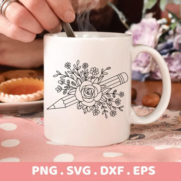 A white mug displays a floral pencil SVG design, showcasing a pencil intertwined with a rose and various flowers, representing a digital download bundle (SVG, PNG).