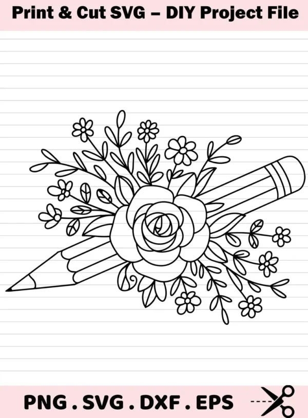 A black and white line art illustration of a floral pencil SVG design, part of a digital download bundle including SVG and PNG formats.