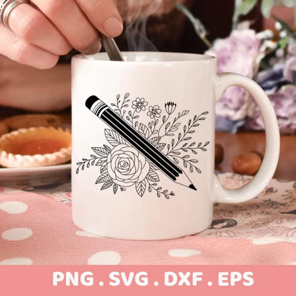 Close-up of a white mug featuring a black and white Pencil Floral SVG Design surrounded by floral elements, indicating a digital download bundle including SVG and PNG formats.