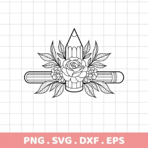 Floral Pencil SVG Design: A black and white line art illustration of two pencils crossed, adorned with a rose and smaller flowers with leaves, available as a digital download bundle (SVG, PNG).