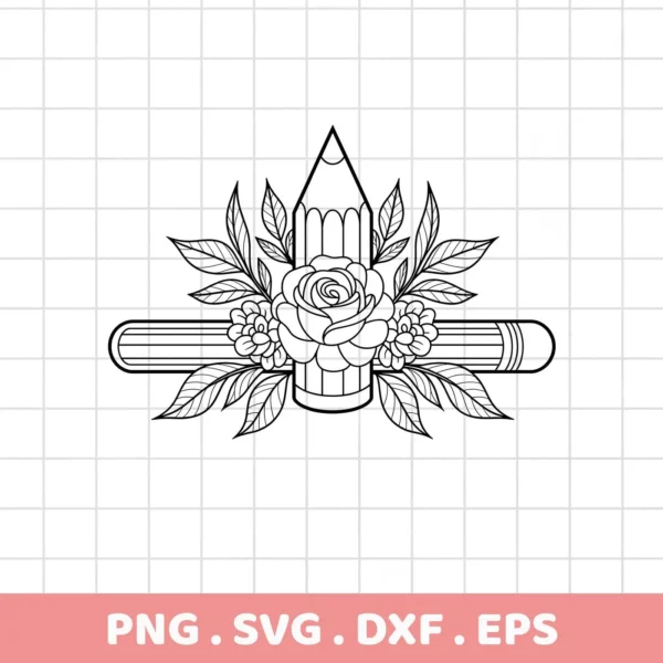 Floral Pencil SVG Design: A black and white line art illustration of two pencils crossed, adorned with a rose and smaller flowers with leaves, available as a digital download bundle (SVG, PNG).