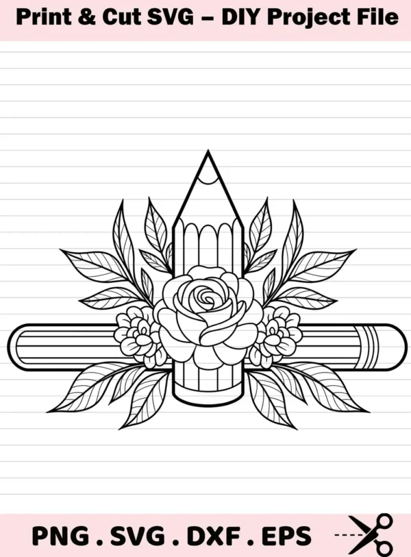 Floral Pencil SVG Design: A black and white line art illustration featuring two pencils, one vertical and one horizontal, adorned with a rose and leaves, available as a digital download bundle (SVG, PNG).