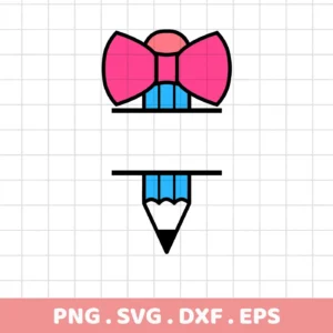 A pencil bow monogram SVG design, featuring a pink bow atop a blue pencil, with space for personalization, available as a digital download bundle including SVG and PNG formats.