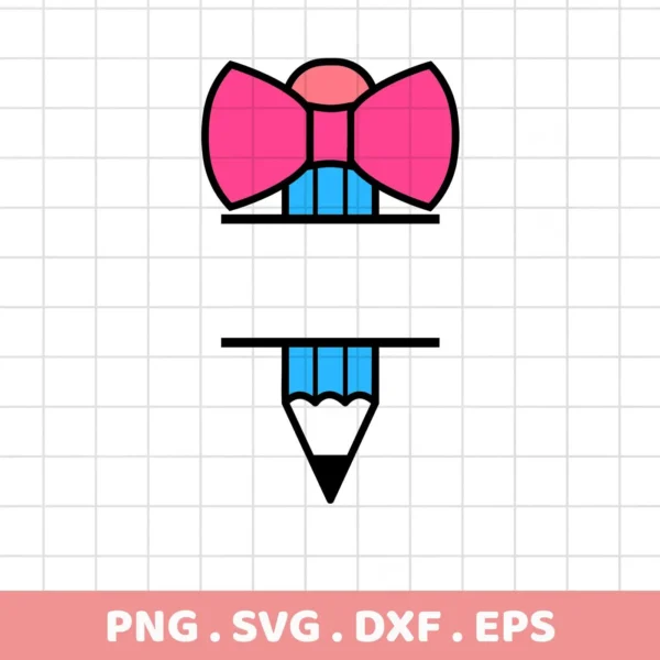 A pencil bow monogram SVG design, featuring a pink bow atop a blue pencil, with space for personalization, available as a digital download bundle including SVG and PNG formats.