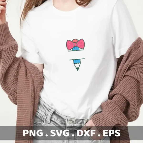 A woman wearing a white t-shirt with a pencil bow monogram design, showcasing a digital download bundle including SVG and PNG files.