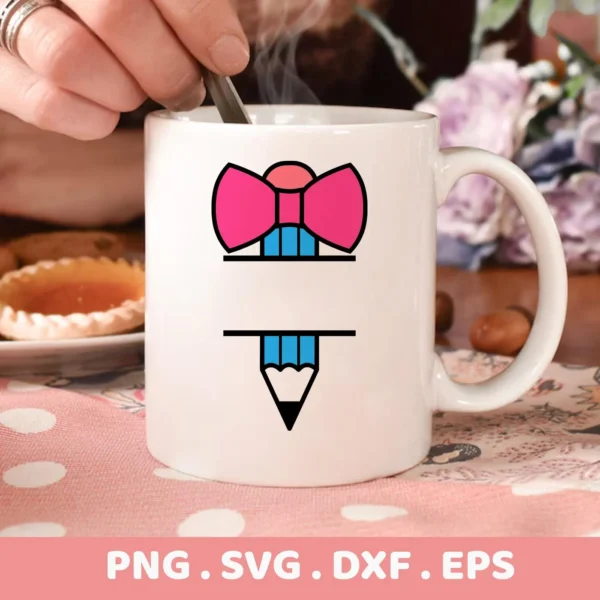 A white mug features a pencil bow monogram design, available as a digital download bundle including SVG and PNG files.