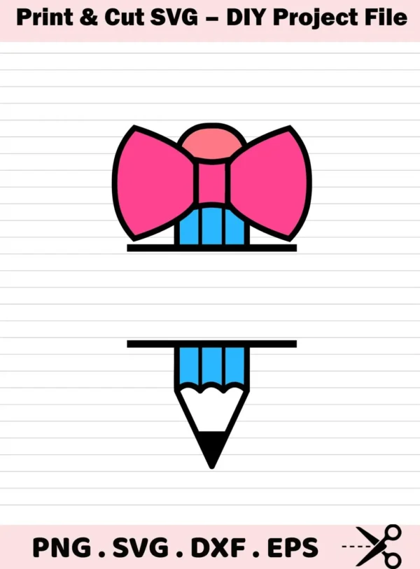 A pencil bow monogram SVG design, part of a digital download bundle including SVG and PNG files.