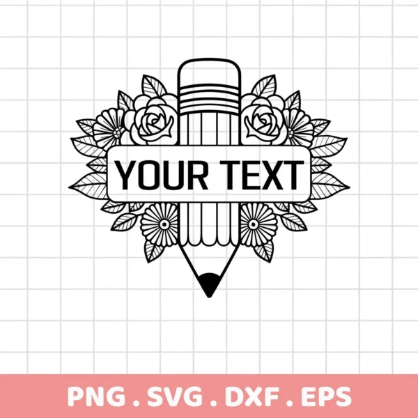 A black and white floral pencil monogram SVG digital download bundle featuring a pencil shape with flowers and leaves surrounding a customizable text area.
