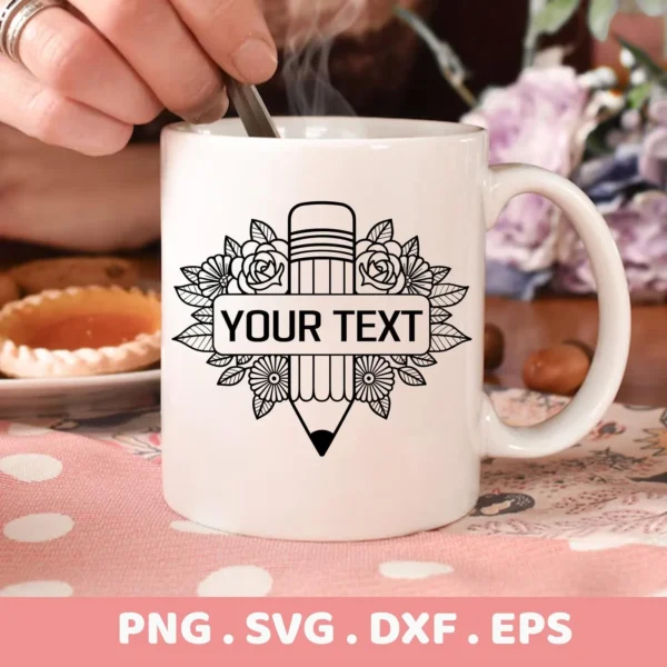 Close-up of a white mug featuring a floral pencil monogram SVG design with customizable text, presented as a digital download bundle (SVG, PNG, DXF, EPS).