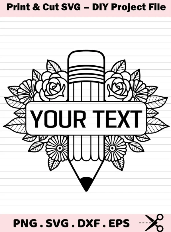 A black and white floral pencil monogram SVG design with a customizable text box, available as a digital download bundle.