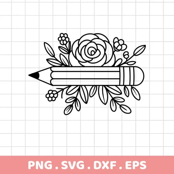 A Floral Pencil SVG Design, shown as a black and white line drawing of a pencil adorned with flowers and leaves, available as a digital download bundle (SVG, PNG).