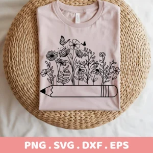 A light pink t-shirt mockup displays a "Pencil Floral Back To School" design featuring flowers and butterflies growing from a pencil, available as a digital download bundle (SVG, PNG, DXF, EPS) for crafting.