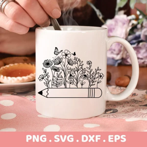 A white mug displays a "Pencil Floral Back To School" design featuring flowers growing from a pencil, shown as a mockup for a digital download bundle (SVG, PNG) for crafting.