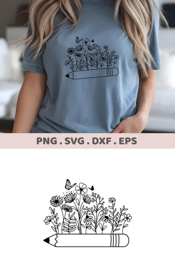A woman wearing a t-shirt with a "Pencil Floral Back To School" design, available as a digital download bundle (SVG, PNG) for crafts.