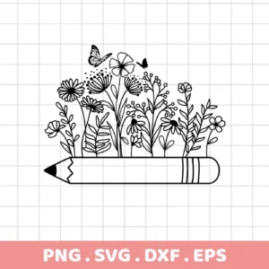 Pencil Flowers SVG design with butterflies, a digital file for crafting.