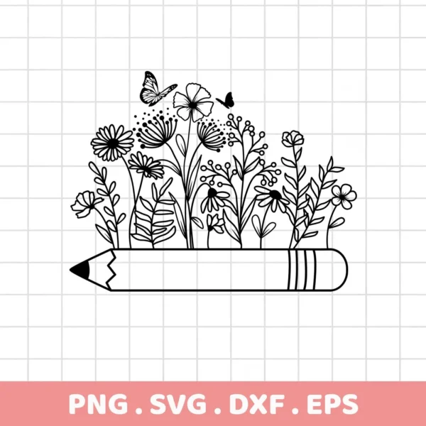 Pencil Flowers SVG design with butterflies, a digital file for crafting.