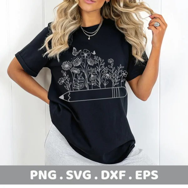 Woman wearing black t-shirt with Pencil Flowers SVG design. Digital file for crafting.