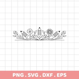 A black and white line art illustration of a Pencil Flower Border SVG, featuring pencils interspersed with flowers and leaves along a horizontal line, available as a digital download bundle including SVG and PNG formats.