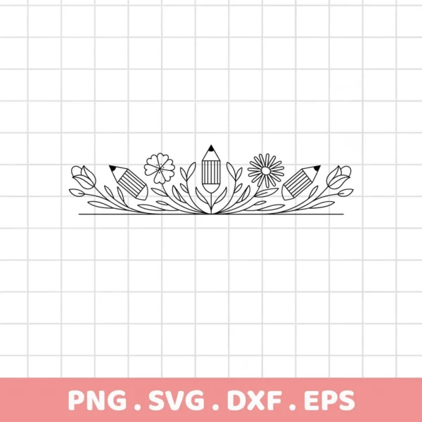 A black and white line art illustration of a Pencil Flower Border SVG, featuring pencils interspersed with flowers and leaves along a horizontal line, available as a digital download bundle including SVG and PNG formats.