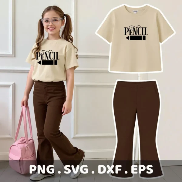 A young girl models a t-shirt with a "Pencil" design, showcasing a Pencil SVG cut file, part of a digital download bundle including SVG and PNG formats.