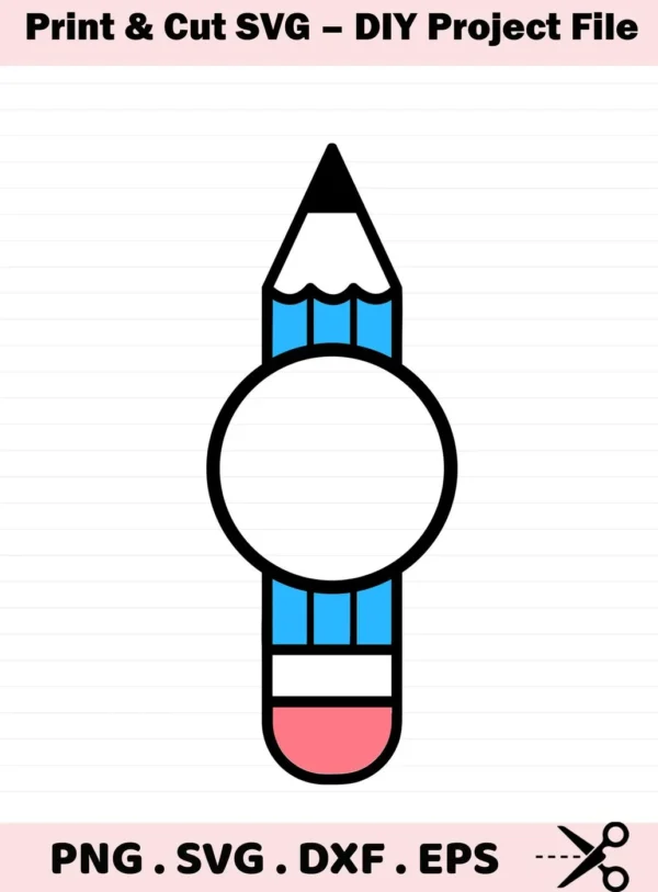 Pencil Frame SVG design featuring a pencil shape with a blank circle. Digital file for back-to-school crafts.
