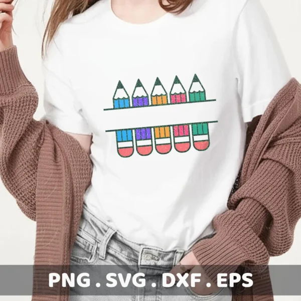 T-shirt mockup with colorful Pencil Border SVG design, a digital file for Cricut and Silhouette.