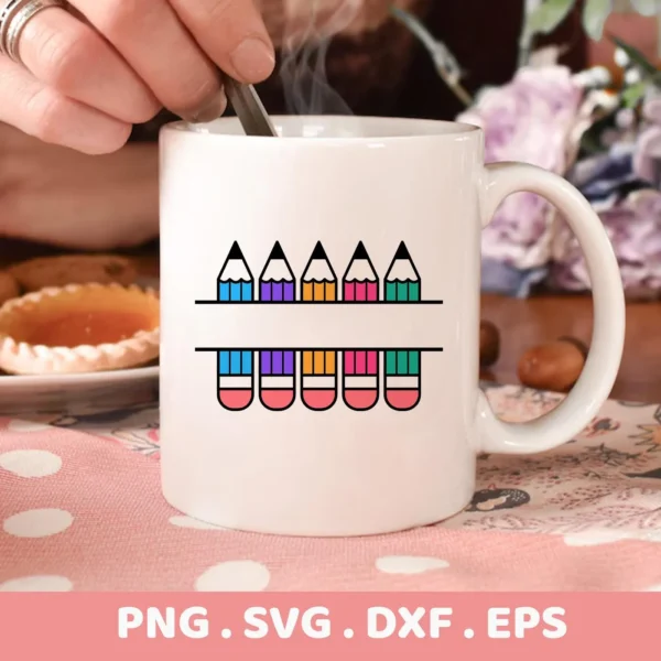 Mug featuring a colorful Pencil Border SVG design, a digital file for crafting.
