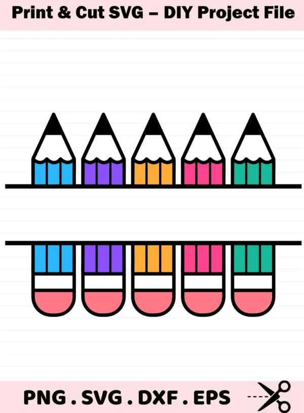 Colorful pencil border SVG design, a digital file for back-to-school crafts.
