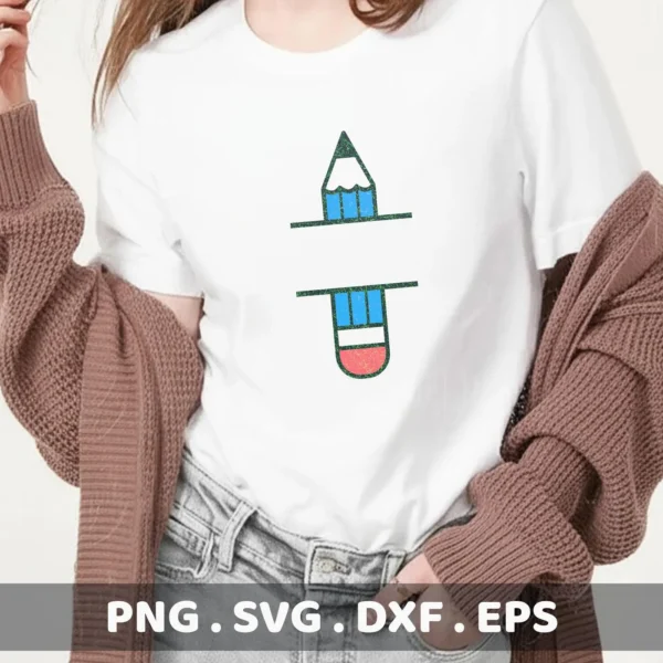 T-shirt mockup with Pencil Split SVG design, a digital file for personalized teacher gifts.