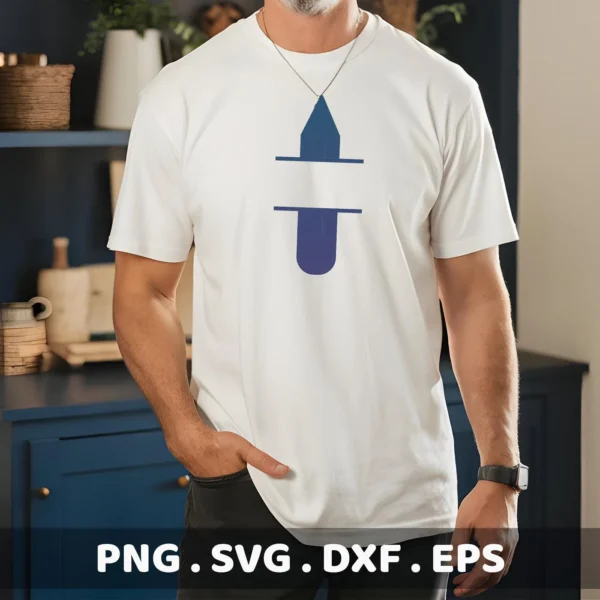Man wearing t-shirt with Pencil Split SVG design, a digital file for personalized crafts.