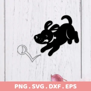 A black silhouette of a cartoon dog SVG Cricut jumping towards a ball, part of a digital download bundle including SVG and PNG formats.