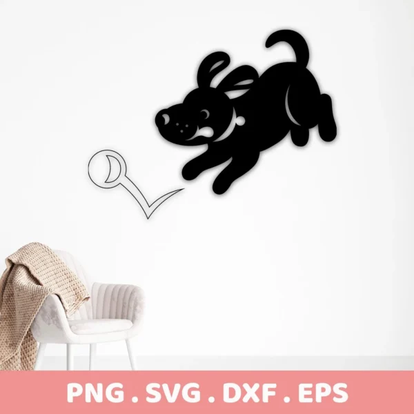 A black cartoon dog SVG Cricut design, leaping towards a ball, presented as a digital download bundle (SVG, PNG).