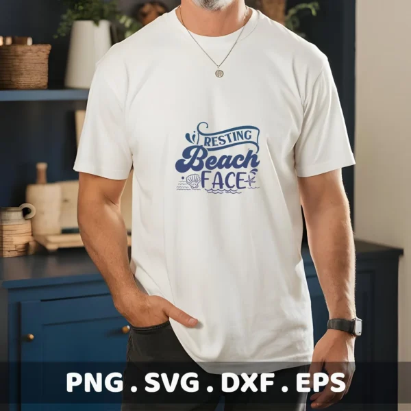 A man wears a white t-shirt with a blue "Resting Beach Face" design featuring a seashell and starfish, representing a digital download bundle including SVG and PNG files.