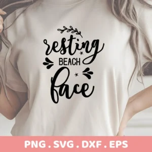 A woman wearing a t-shirt with the text "resting beach face" in black lettering, a digital download bundle including SVG and PNG files.