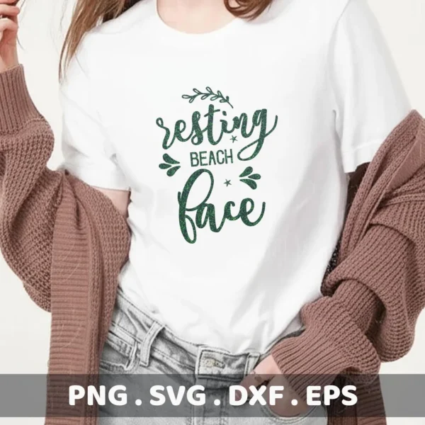A person wearing a white t-shirt with the text "resting beach face" in a green glittery font, showcasing a digital download bundle including SVG and PNG files.