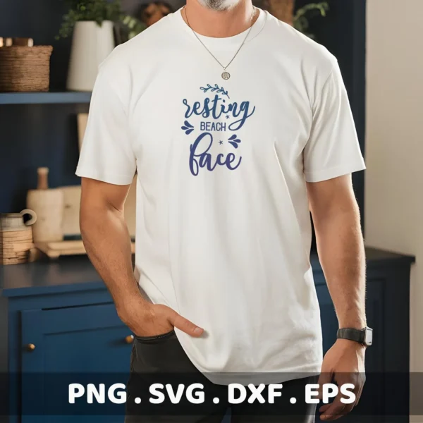 A man wearing a white t-shirt with the text "resting beach face" in a stylized font, representing a digital download bundle including SVG and PNG files.