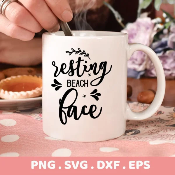 Close-up of a white mug with the text "resting BEACH face" in black script, representing a Resting Beach Face SVG digital download bundle (SVG, PNG).