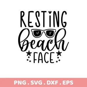Black and white vector graphic featuring the text "Resting Beach Face," with sunglasses replacing the "a" in "beach" and starfish flanking "face," offered as a digital download bundle (SVG, PNG).