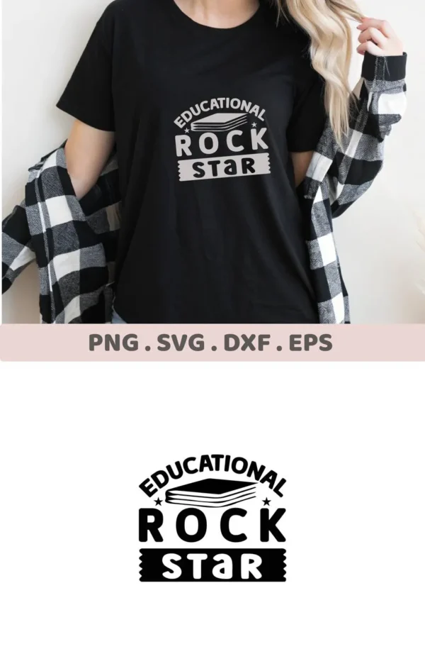Mockup: "Educational Rockstar" design on black t-shirt, part of SVG digital download for teacher gifts.