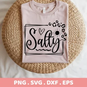 A light pink t-shirt with a "Salty" design featuring a heart, waves, sun, and leopard print, presented as a digital download bundle (SVG, PNG).
