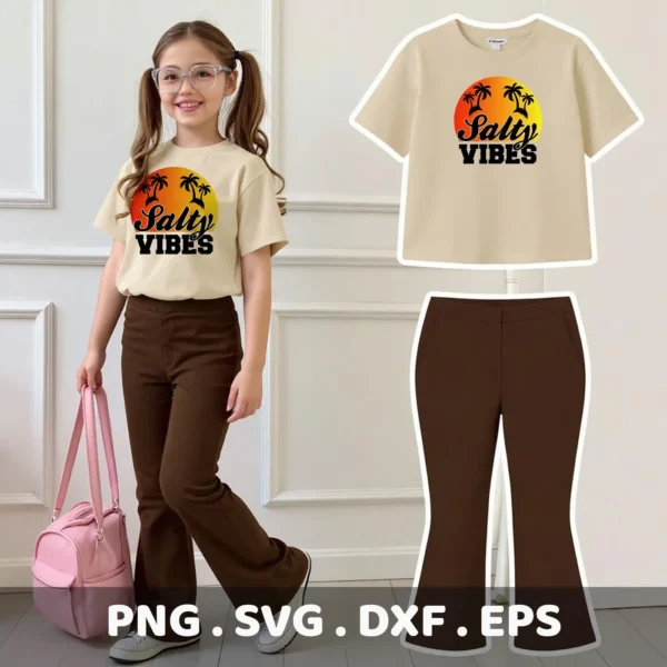 A young girl models a t-shirt with a "Salty Vibes" SVG design featuring palm trees and a sunset, part of a digital download bundle including SVG and PNG files.