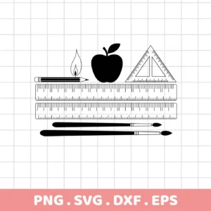 School Supplies SVG Bundle digital download featuring an apple, pencil, ruler, triangle, and paintbrushes in black and white.