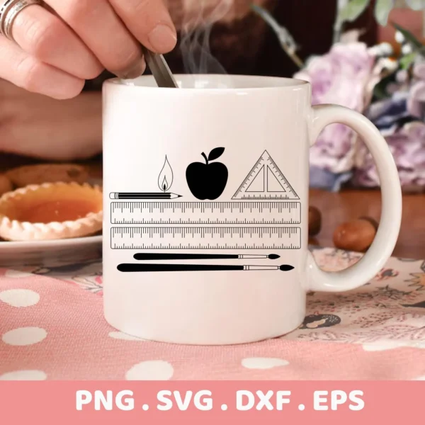 A white mug displays a "School Supplies SVG Bundle" design featuring a pencil with flame, apple, ruler, triangle, and paintbrushes, indicating a digital download bundle (SVG, PNG).