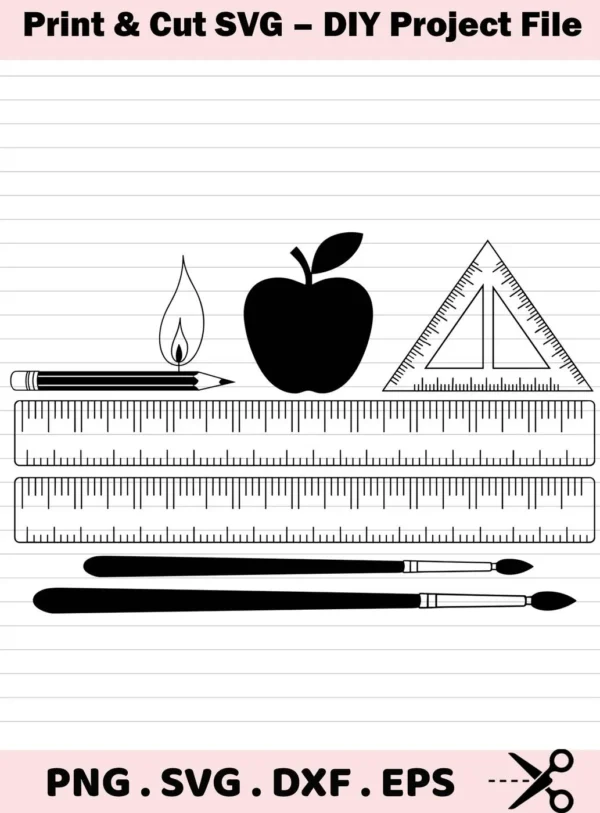 School Supplies SVG Bundle digital download featuring an apple, pencil, ruler, triangle, and paintbrushes in black and white.
