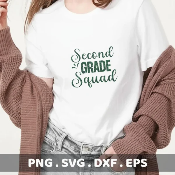 A person wearing a white t-shirt with the text "Second Grade Squad" in a decorative green font, showcasing a digital download bundle including SVG and PNG files.