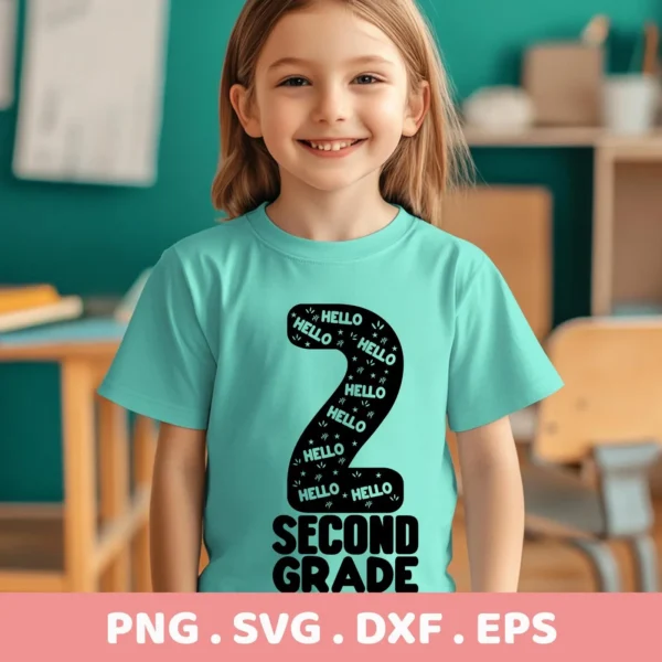A smiling young girl in a classroom setting wears a t-shirt featuring a "Second Grade SVG Design" with the number "2" filled with "Hello" text; this is a digital download bundle (SVG, PNG).
