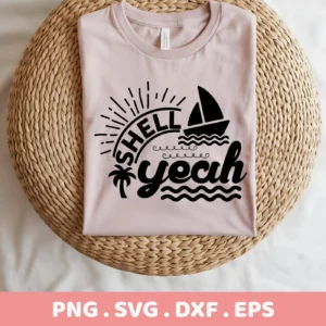 A folded light pink t-shirt displays a black "Shell Yeah SVG Design" featuring a sunburst, palm tree, sailboat, and waves, representing a summer beach theme; this is a digital download bundle including SVG and PNG files.