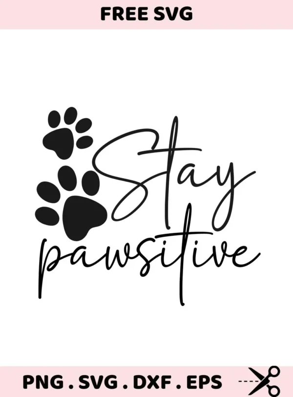 Stay Pawsitive" SVG Cricut Design featuring paw prints and the quote in a playful font, offered as a digital download bundle including SVG and PNG formats.